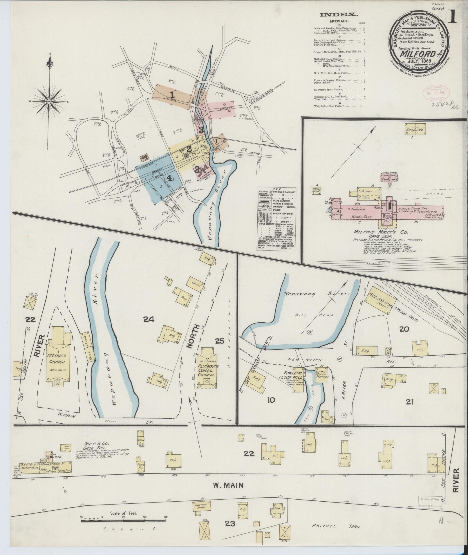 Sanborn Fire Insurance Map from Milford, New Haven County, Connecticut (1889), Sheet #0001 - Historic Sanborn Fire Insurance Map Print, vintage old map wall art, antique decor, genealogy gift, Connecticut Connecticut map