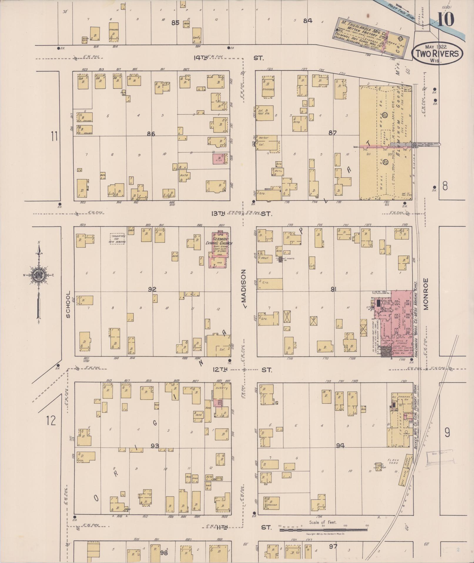 Sanborn Fire Insurance Map from Two Rivers, Manitowoc County, Wisconsin (1922), Sheet #0010 - Historic Sanborn Fire Insurance Map Print, vintage old map wall art, antique decor, genealogy gift, Wisconsin Wisconsin map