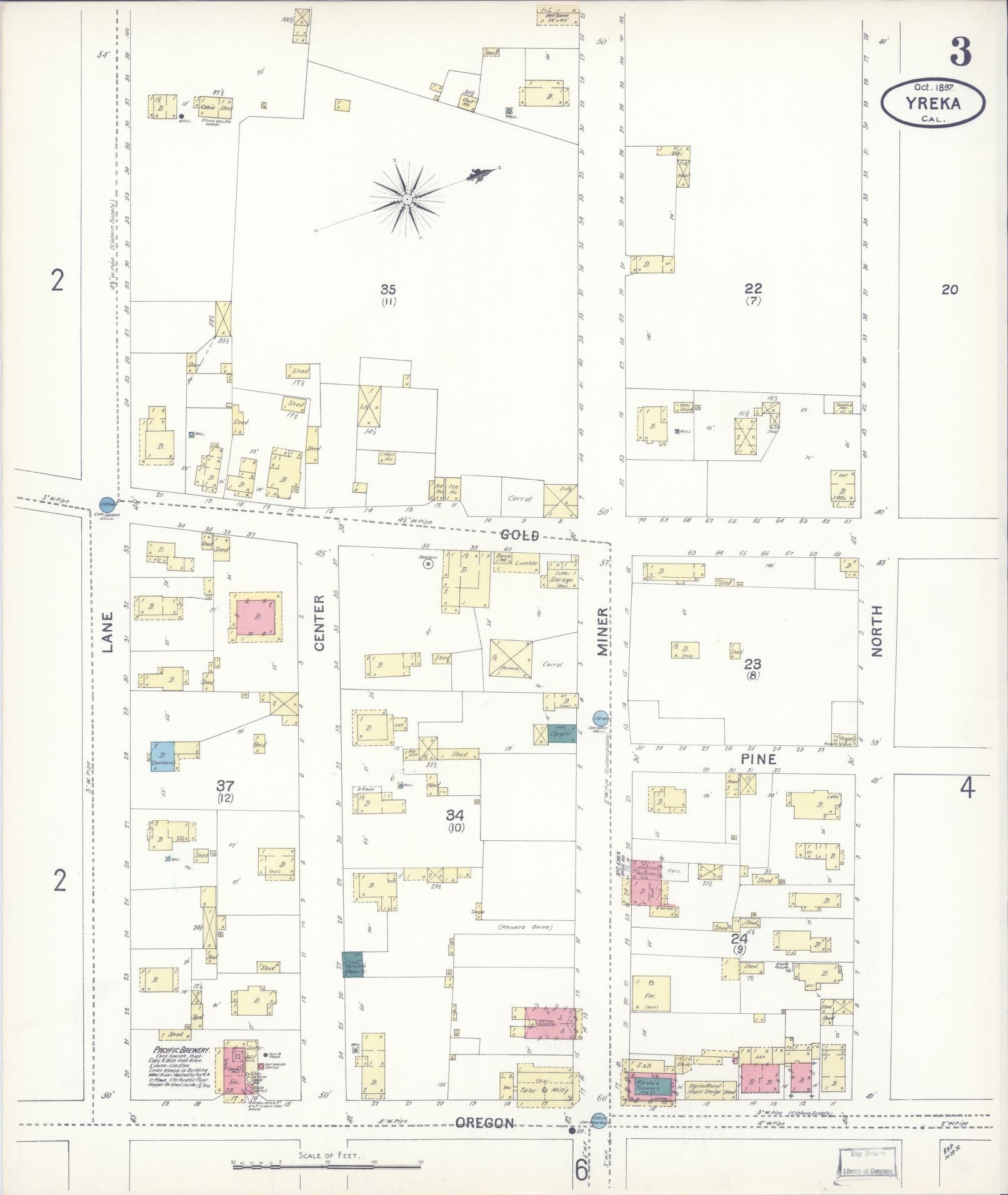 Sanborn Fire Insurance Map from Yreka, Siskiyou County, California (1897), Sheet #0003 - Complete Map Set gallery image, historic Sanborn map, vintage wall art, California California