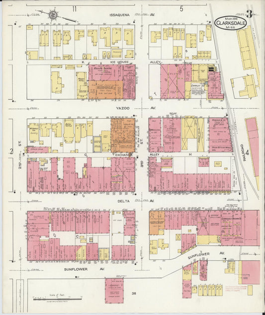 Sanborn Fire Insurance Map from Clarksdale, Coahoma County, Mississippi (1918), Sheet #0003 - Historic Sanborn Fire Insurance Map Print, vintage old map wall art, antique decor, genealogy gift, Mississippi Mississippi map