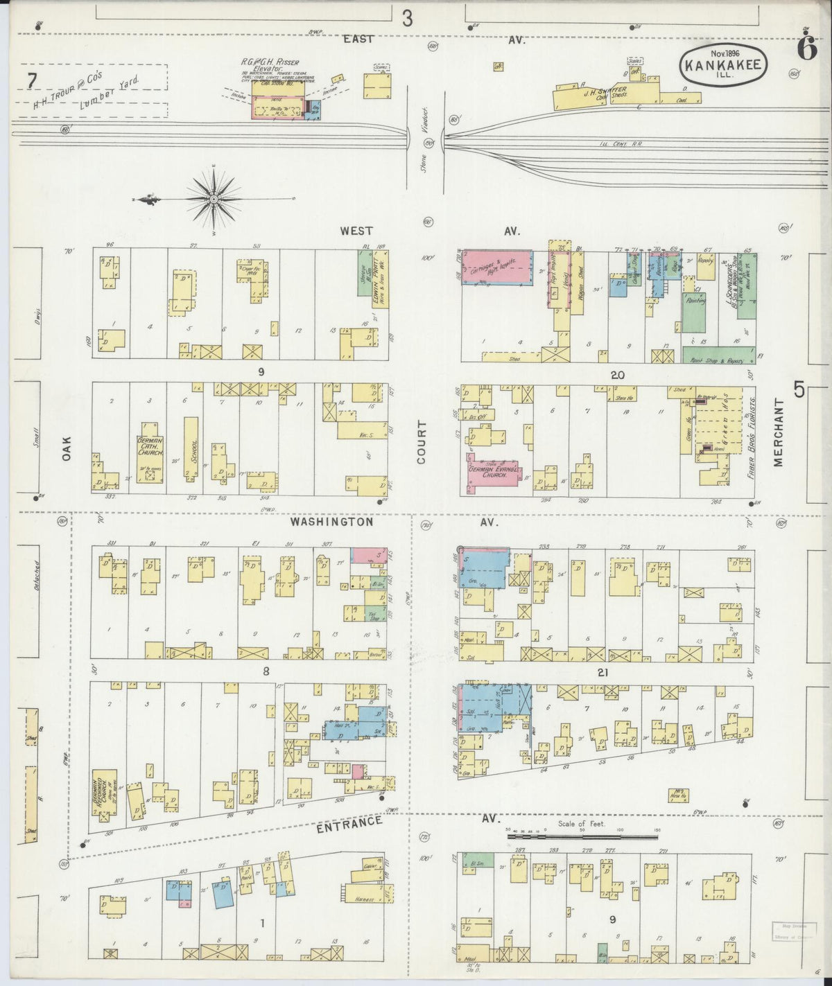Sanborn Fire Insurance Map from Kankakee, Kankakee County, Illinois (1896), Sheet #0006 - Historic Sanborn Fire Insurance Map Print, vintage old map wall art, antique decor, genealogy gift, Illinois Illinois map