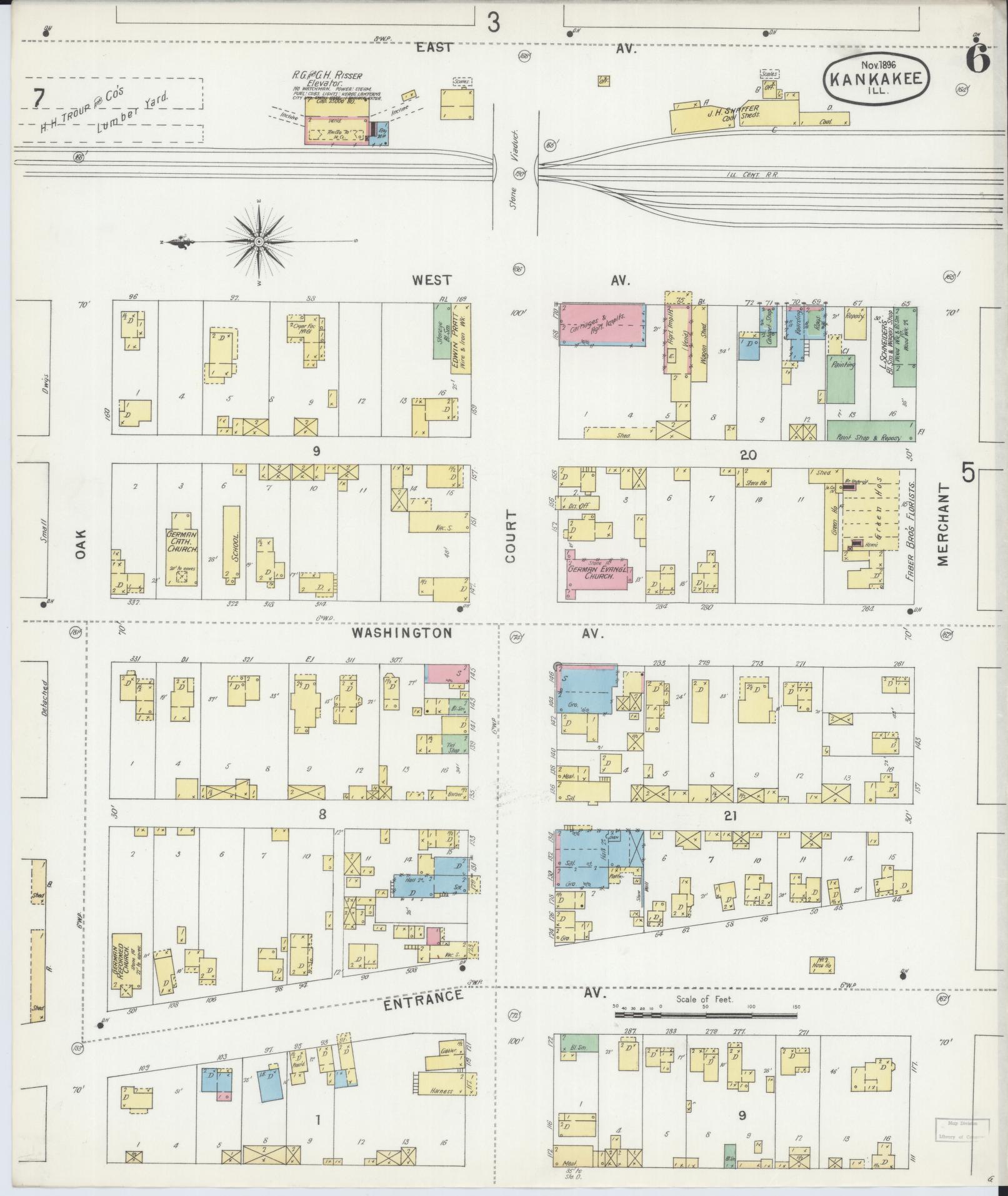 Sanborn Fire Insurance Map from Kankakee, Kankakee County, Illinois (1896), Sheet #0006 - Historic Sanborn Fire Insurance Map Print, vintage old map wall art, antique decor, genealogy gift, Illinois Illinois map