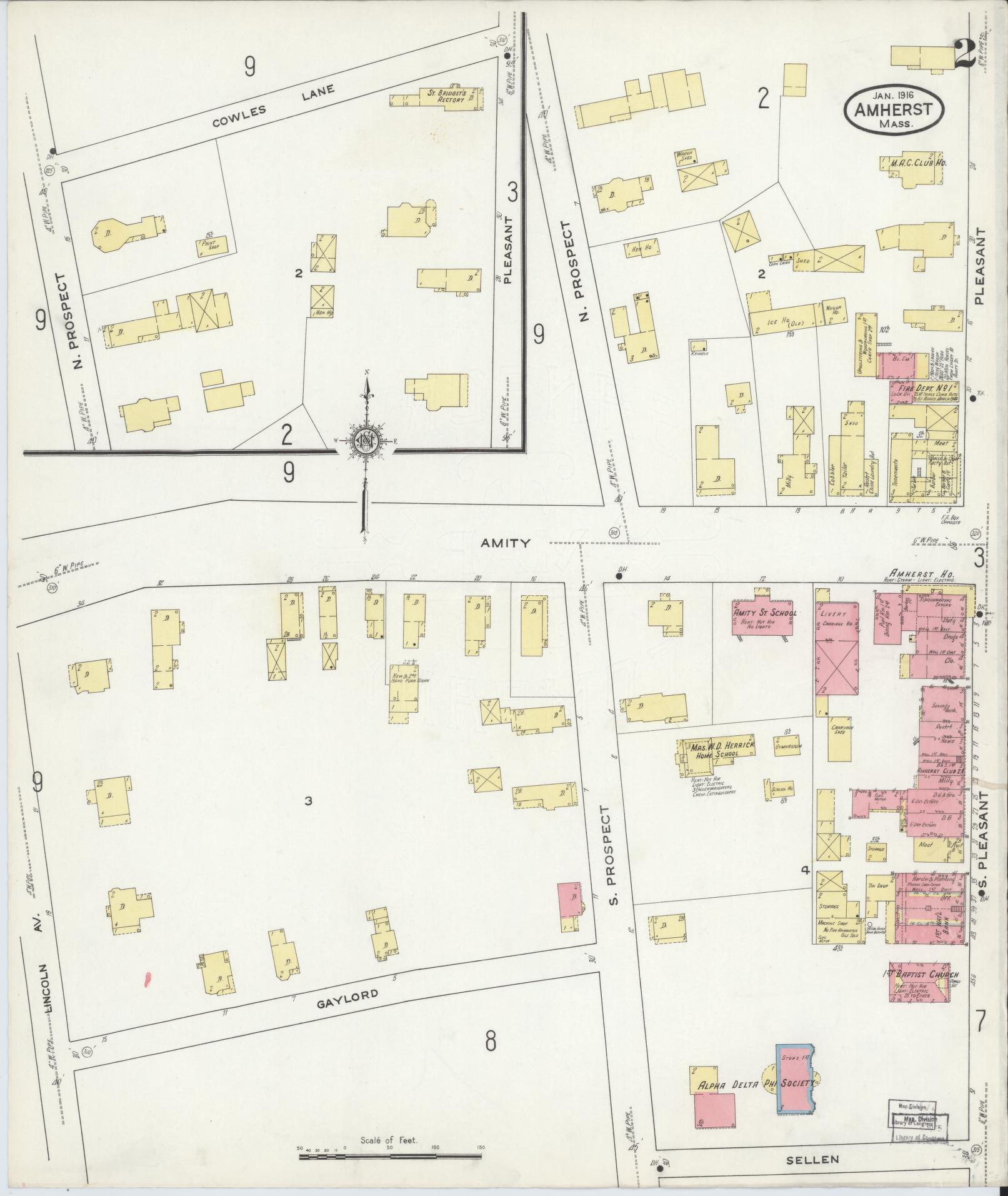 Sanborn Fire Insurance Map from Amherst, Hampshire County, Massachusetts (1916), Sheet #0002 - Complete Map Set gallery image, historic Sanborn map, vintage wall art, Massachusetts Massachusetts