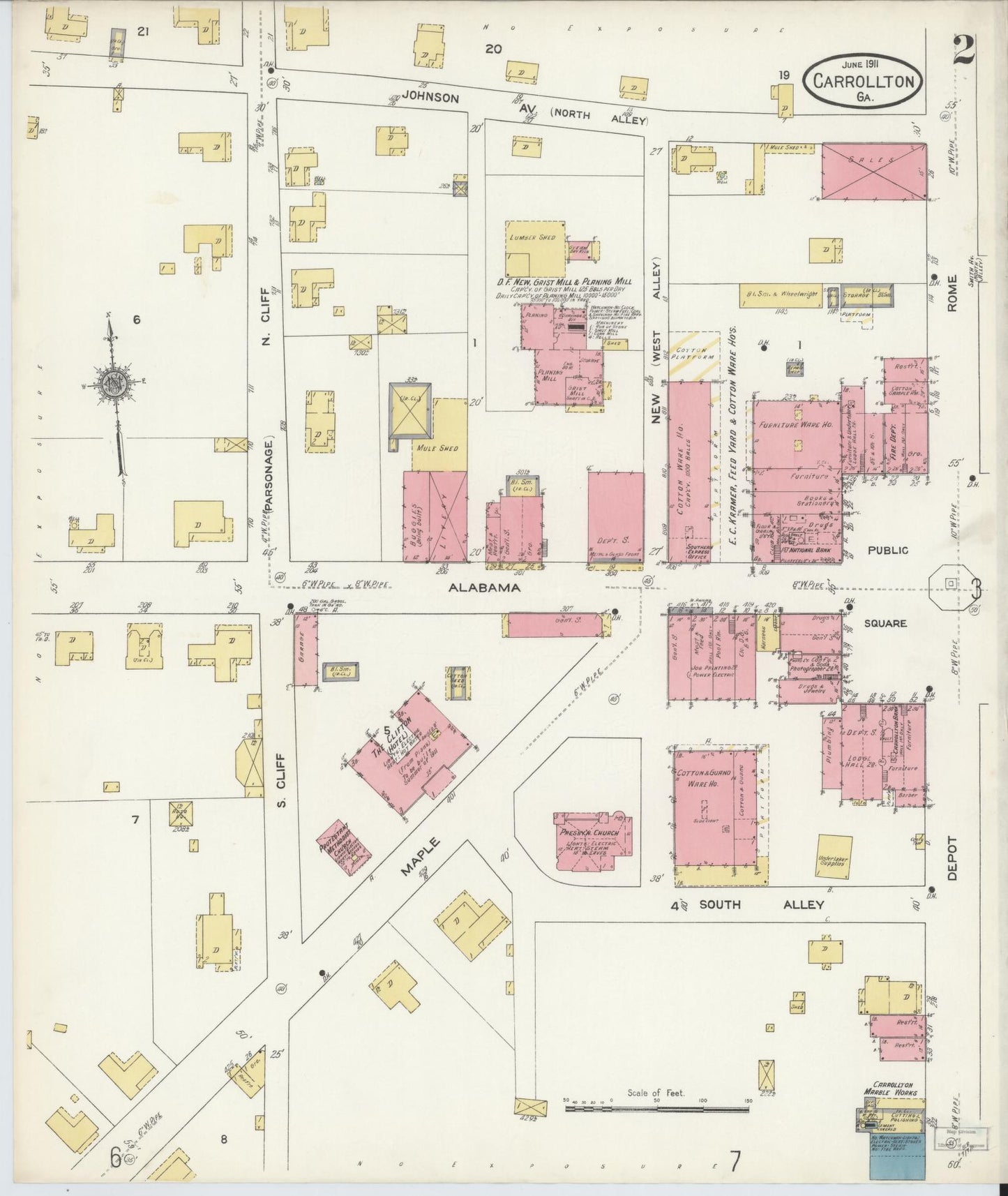 Sanborn Fire Insurance Map from Carrollton, Carroll County, Georgia (1911), Sheet #0002 - Historic Sanborn Fire Insurance Map Print, vintage old map wall art, antique decor, genealogy gift, Georgia Georgia map
