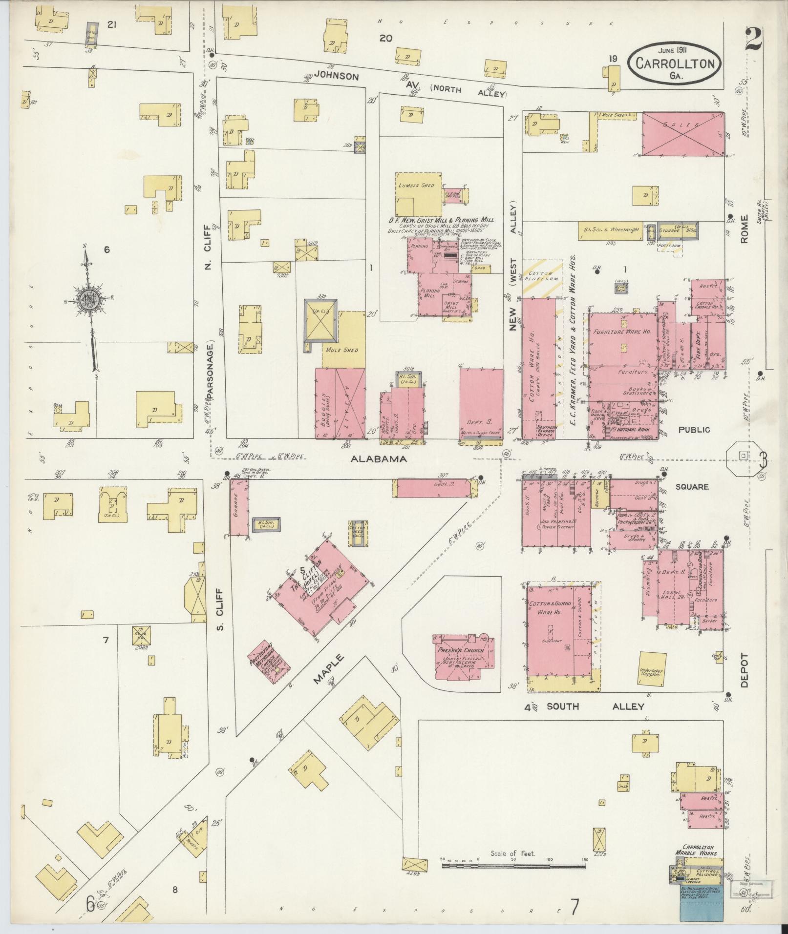 Sanborn Fire Insurance Map from Carrollton, Carroll County, Georgia (1911), Sheet #0002 - Historic Sanborn Fire Insurance Map Print, vintage old map wall art, antique decor, genealogy gift, Georgia Georgia map