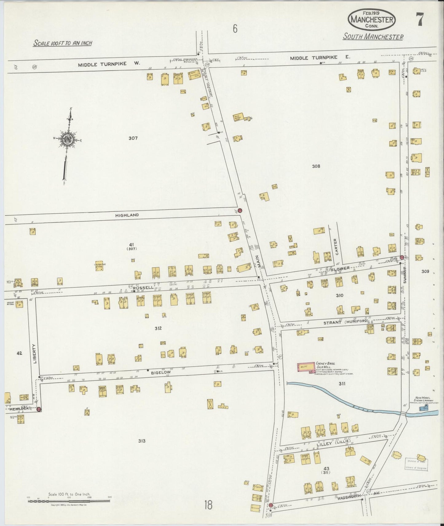 Sanborn Fire Insurance Map from Manchester, Hartford County, Connecticut (1919), Sheet #0007 - Historic Sanborn Fire Insurance Map Print, vintage old map wall art, antique decor, genealogy gift, Connecticut Connecticut map