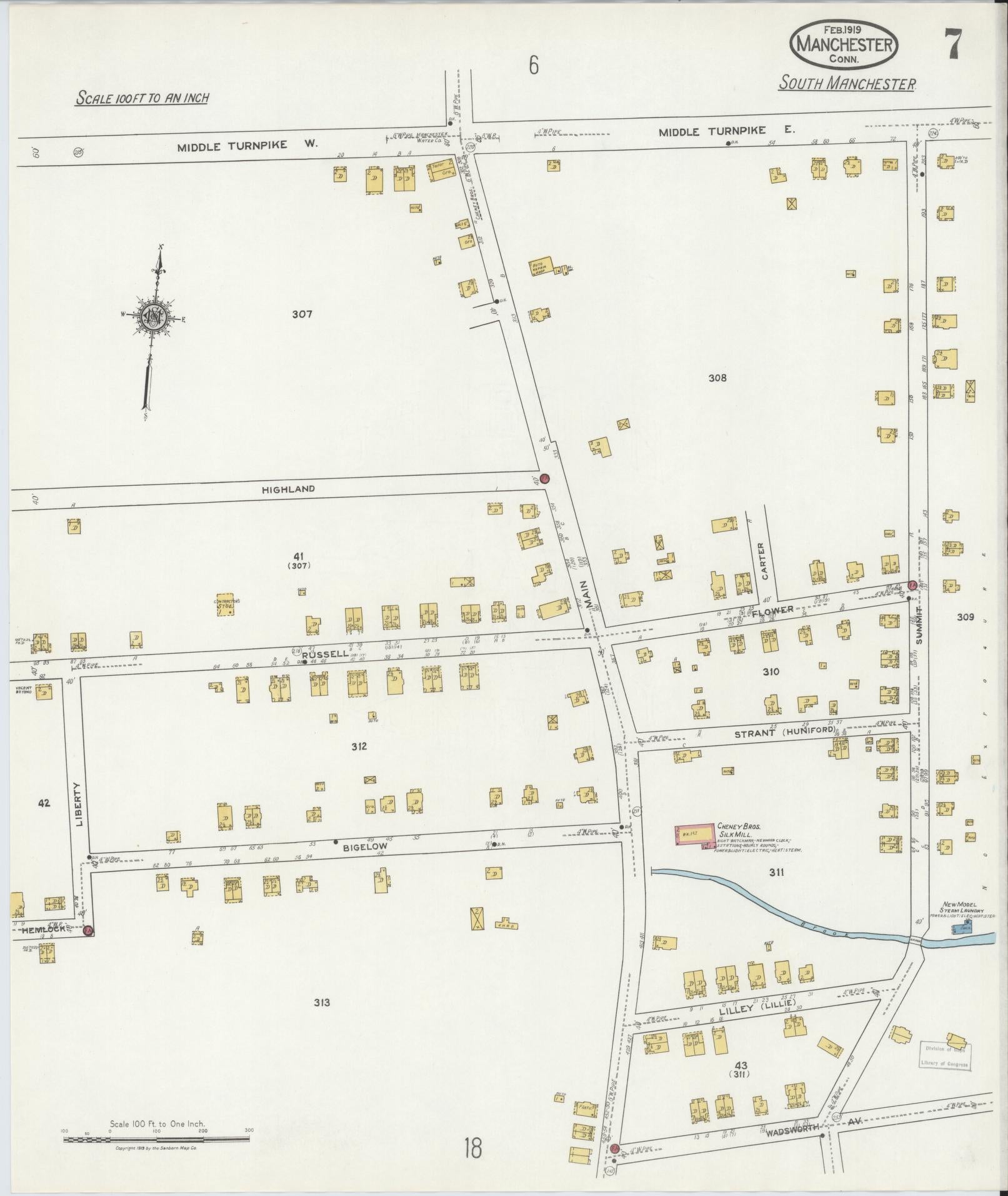 Sanborn Fire Insurance Map from Manchester, Hartford County, Connecticut (1919), Sheet #0007 - Historic Sanborn Fire Insurance Map Print, vintage old map wall art, antique decor, genealogy gift, Connecticut Connecticut map