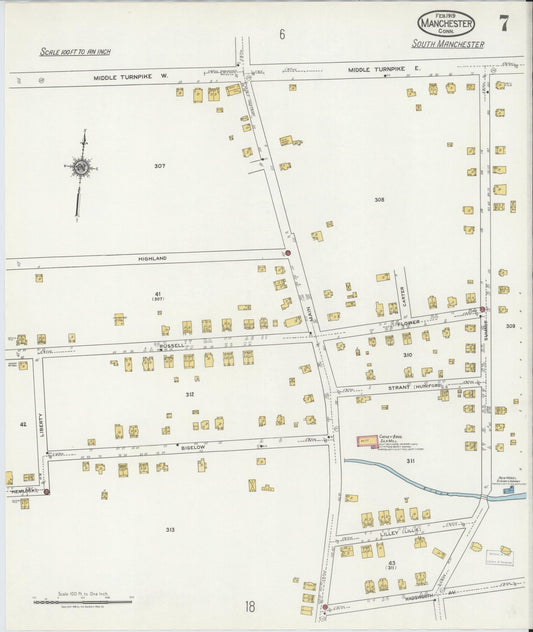 Sanborn Fire Insurance Map from Manchester, Hartford County, Connecticut (1919), Sheet #0007 - Historic Sanborn Fire Insurance Map Print, vintage old map wall art, antique decor, genealogy gift, Connecticut Connecticut map