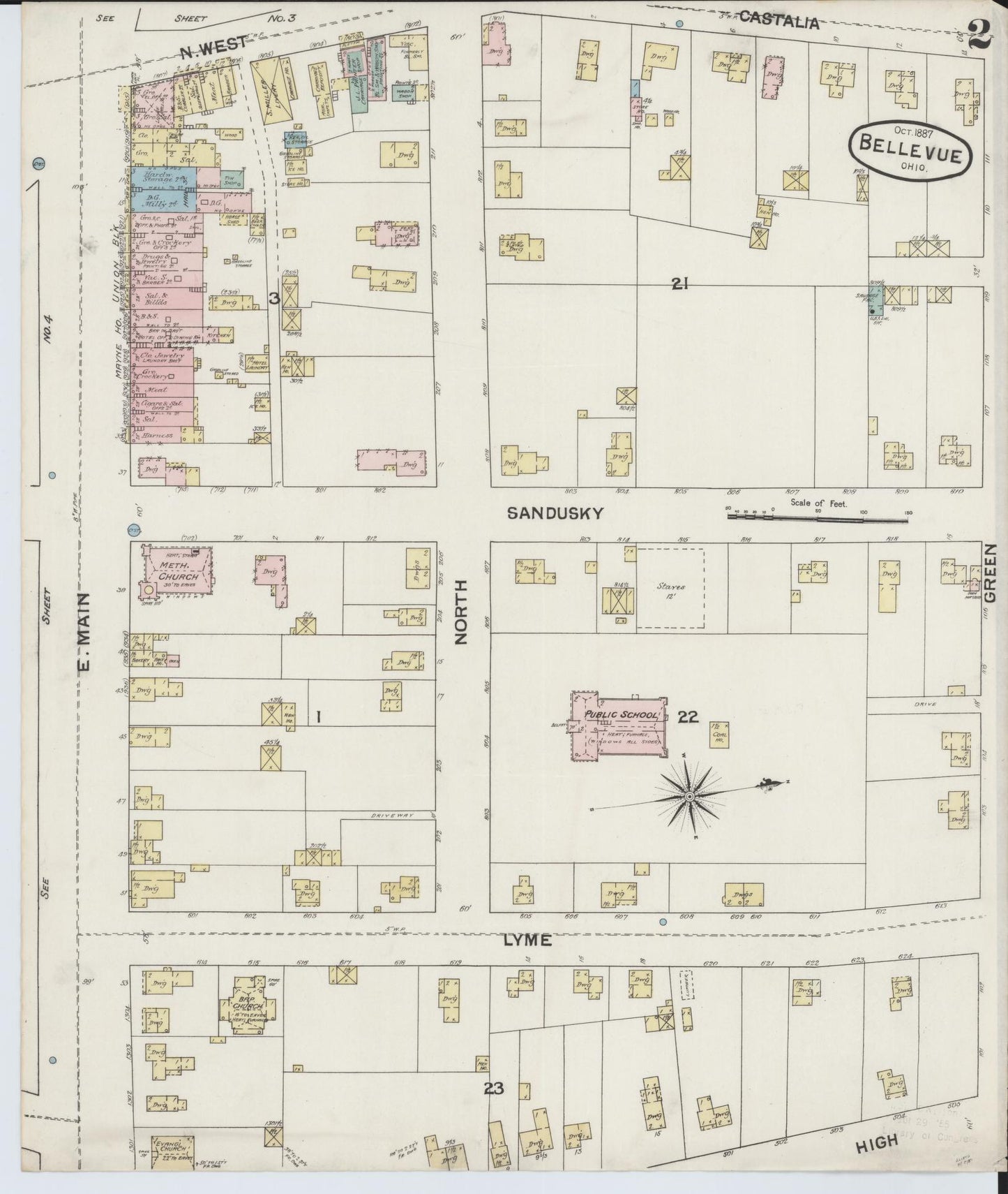 Sanborn Fire Insurance Map from Bellevue, Huron And Sandusky County, Ohio (1887), Sheet #0002 - Historic Sanborn Fire Insurance Map Print, vintage old map wall art, antique decor, genealogy gift, Ohio Ohio map