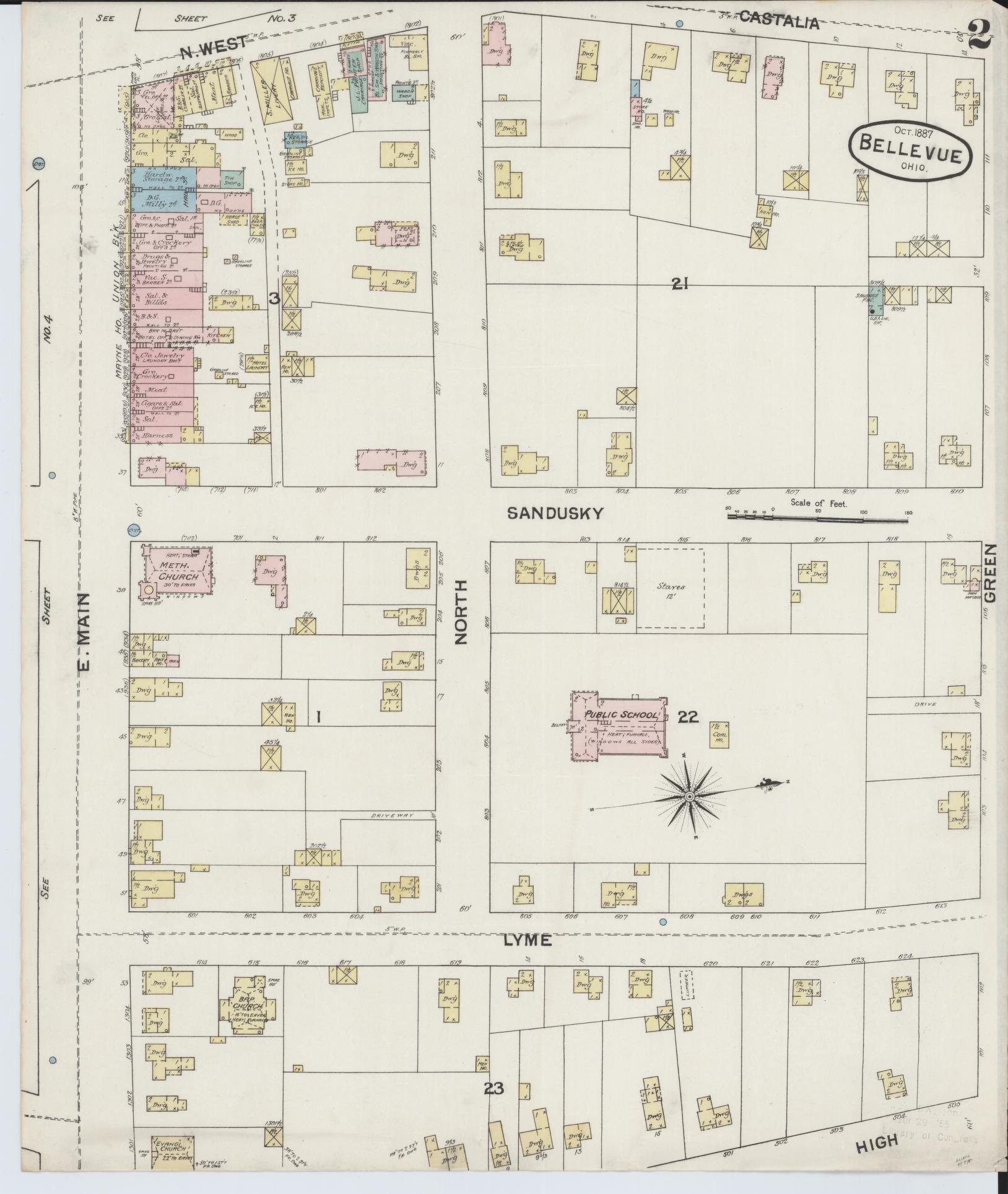 Sanborn Fire Insurance Map from Bellevue, Huron And Sandusky County, Ohio (1887), Sheet #0002 - Historic Sanborn Fire Insurance Map Print, vintage old map wall art, antique decor, genealogy gift, Ohio Ohio map