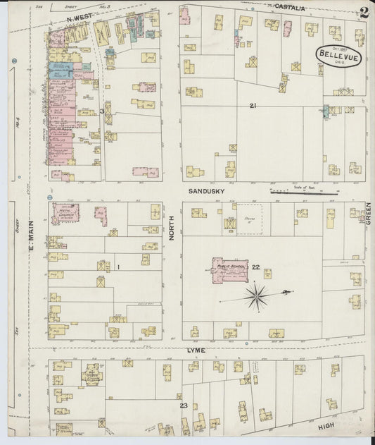 Sanborn Fire Insurance Map from Bellevue, Huron And Sandusky County, Ohio (1887), Sheet #0002 - Historic Sanborn Fire Insurance Map Print, vintage old map wall art, antique decor, genealogy gift, Ohio Ohio map