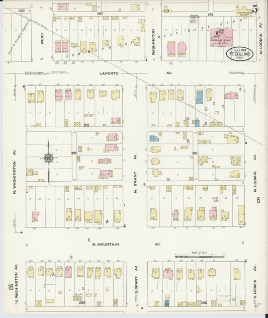 Sanborn Fire Insurance Map from Fort Collins, Larimer County, Colorado (1909), Sheet #0005 - Historic Sanborn Fire Insurance Map Print, vintage old map wall art, antique decor, genealogy gift, Colorado Colorado map