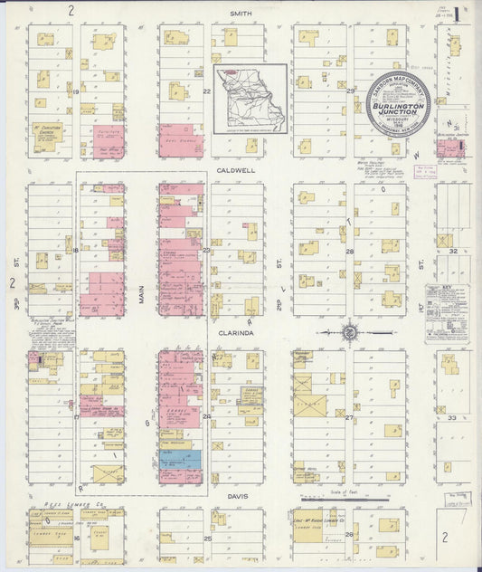 Sanborn Fire Insurance Map from Burlington Junction, Nodaway County, Missouri (1916), Sheet #0001 - Historic Sanborn Fire Insurance Map Print, vintage old map wall art, antique decor, genealogy gift, Missouri Missouri map
