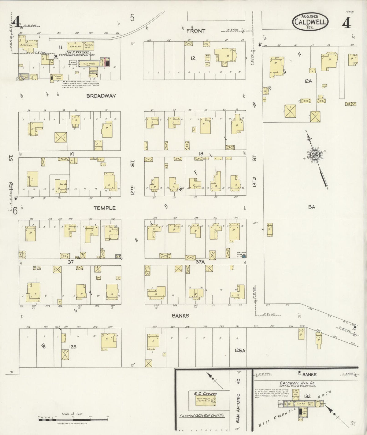 Sanborn Fire Insurance Map from Caldwell, Burleson County, Texas (1925), Sheet #0004 - Complete Map Set gallery image, historic Sanborn map, vintage wall art, Texas Texas