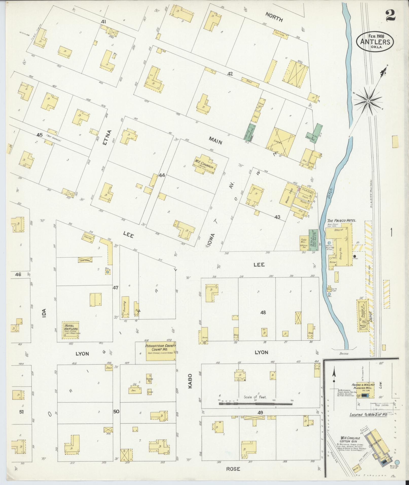 Sanborn Fire Insurance Map from Antlers, Pushmataha County, Oklahoma (1908), Sheet #0002 - Complete Map Set gallery image, historic Sanborn map, vintage wall art, Oklahoma Oklahoma
