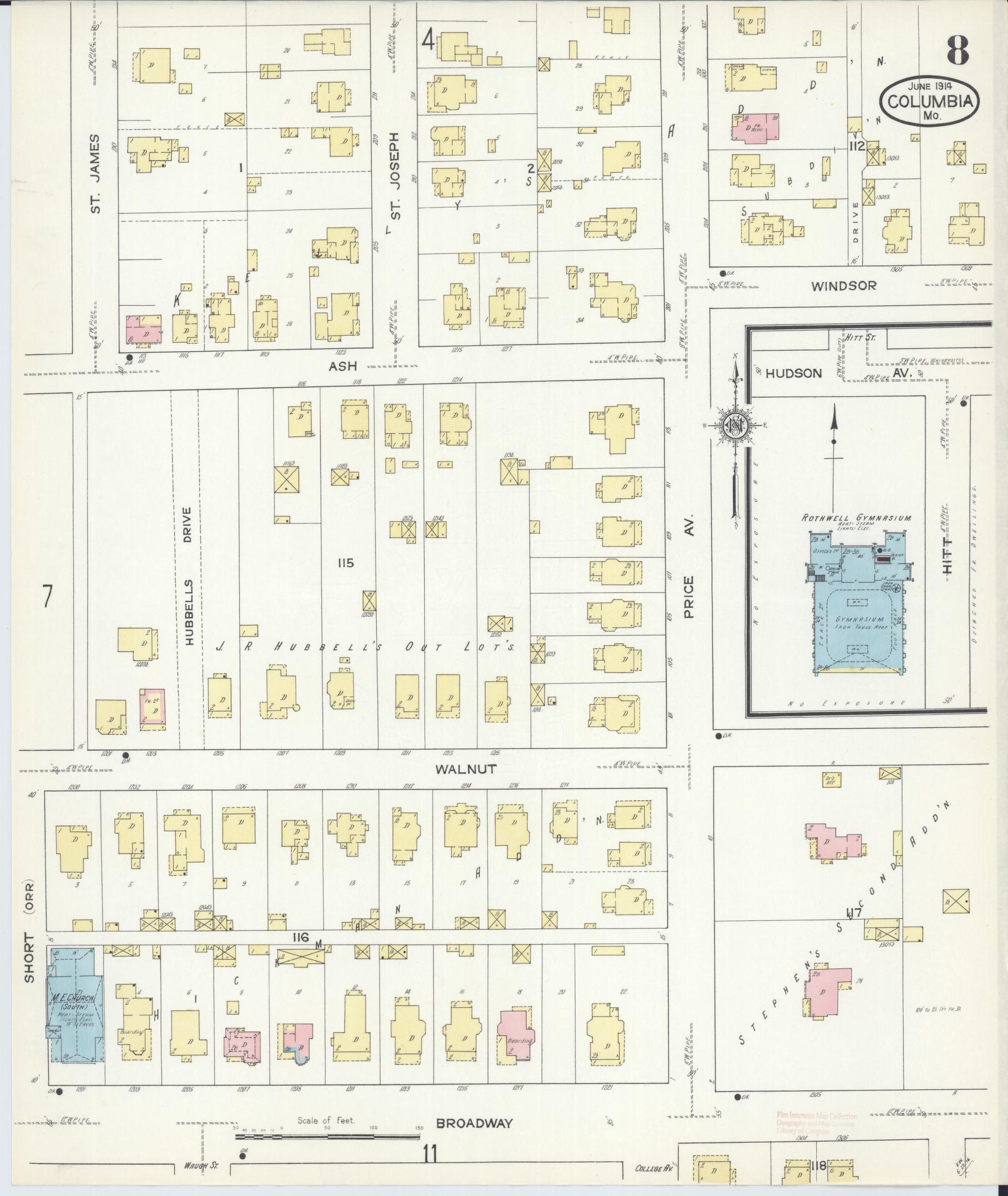 Sanborn Fire Insurance Map from Columbia, Boone County, Missouri (1914), Sheet #0008 - Complete Map Set gallery image, historic Sanborn map, vintage wall art, Missouri Missouri