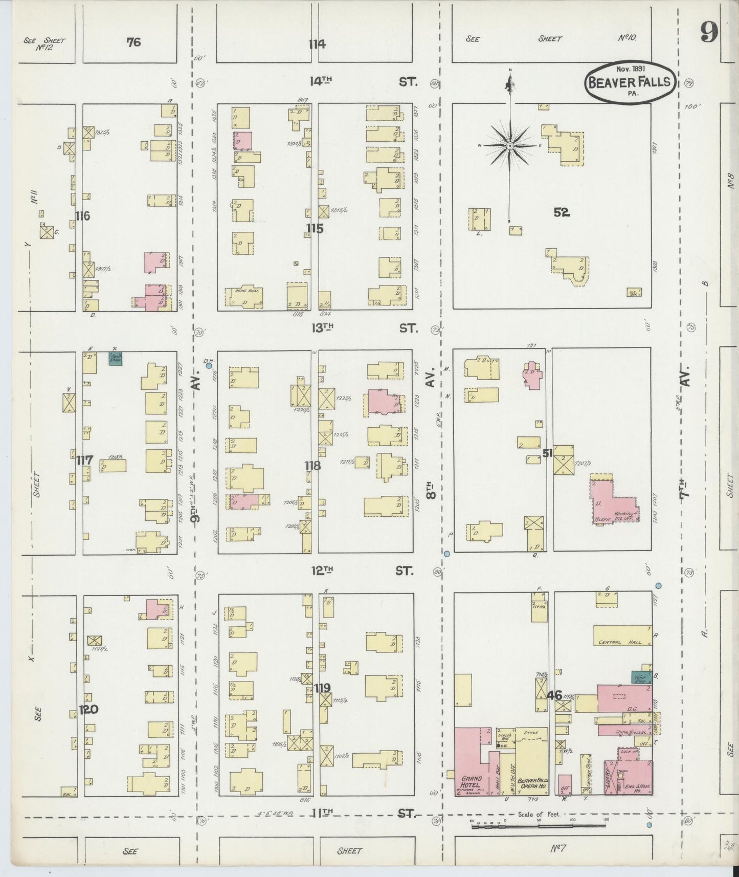 Sanborn Fire Insurance Map from Beaver Falls, Beaver County, Pennsylvania (1891), Sheet #0009 - Historic Sanborn Fire Insurance Map Print, vintage old map wall art, antique decor, genealogy gift, Pennsylvania Pennsylvania map