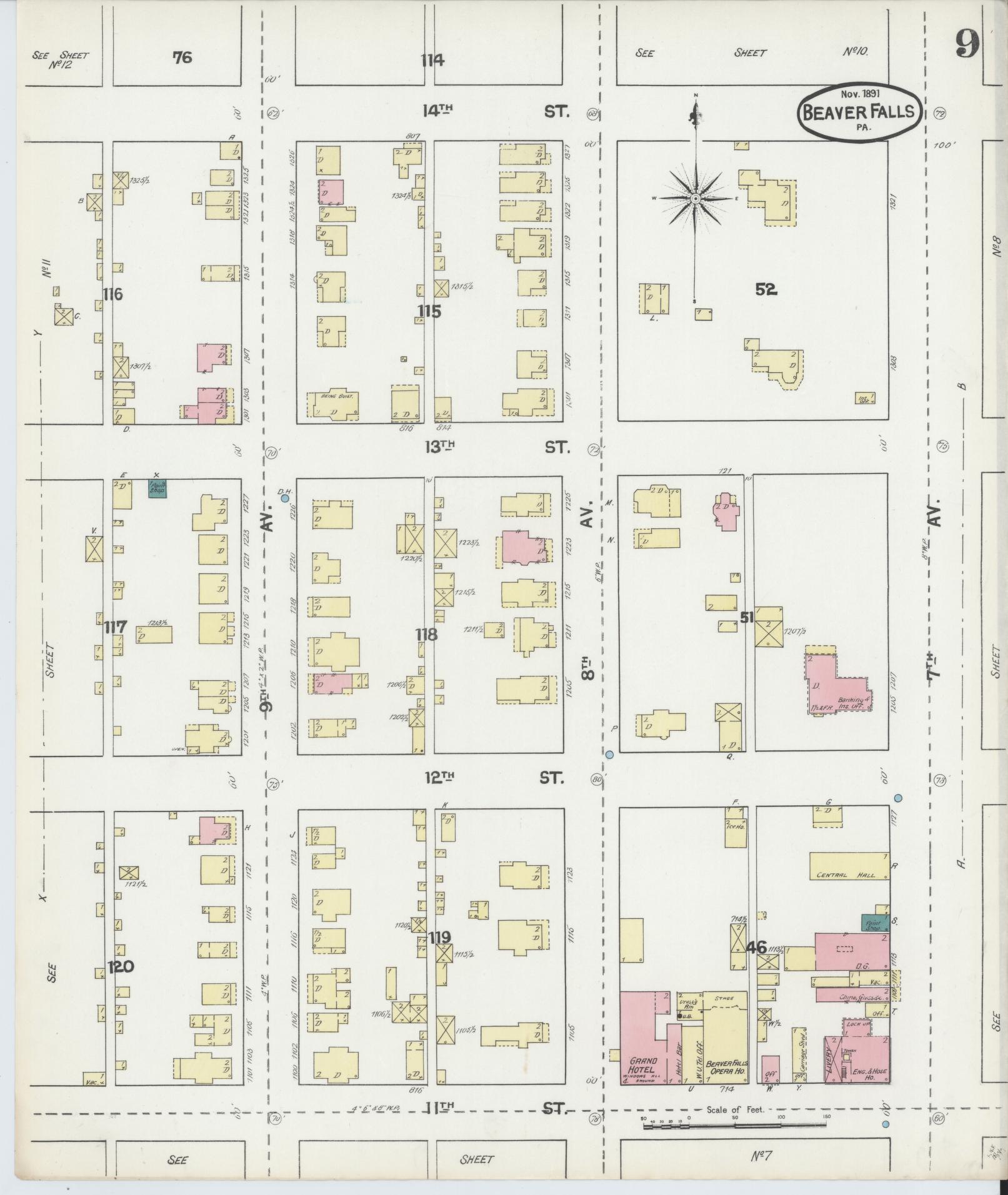 Sanborn Fire Insurance Map from Beaver Falls, Beaver County, Pennsylvania (1891), Sheet #0009 - Historic Sanborn Fire Insurance Map Print, vintage old map wall art, antique decor, genealogy gift, Pennsylvania Pennsylvania map