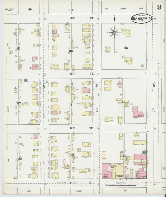 Sanborn Fire Insurance Map from Beaver Falls, Beaver County, Pennsylvania (1891), Sheet #0009 - Historic Sanborn Fire Insurance Map Print, vintage old map wall art, antique decor, genealogy gift, Pennsylvania Pennsylvania map