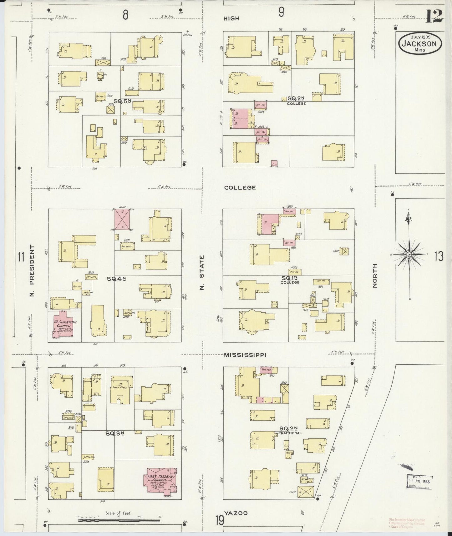 Sanborn Fire Insurance Map from Jackson, Hinds County, Mississippi (1909), Sheet #0012 - Complete Map Set gallery image, historic Sanborn map, vintage wall art, Mississippi Mississippi