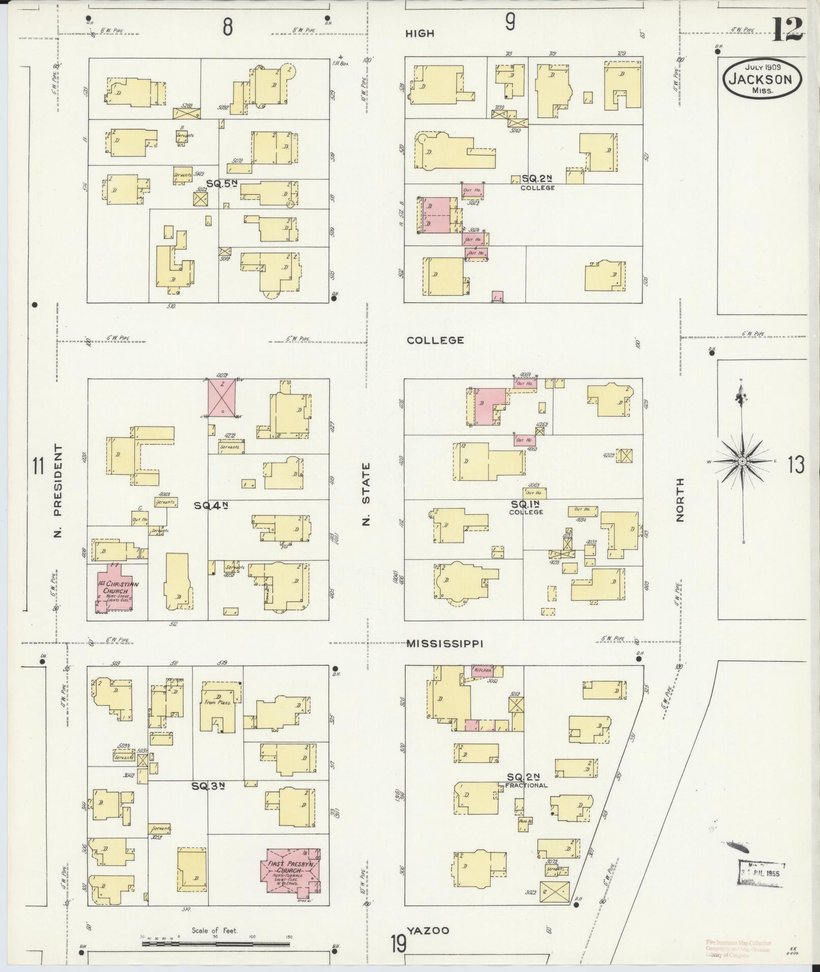 Sanborn Fire Insurance Map from Jackson, Hinds County, Mississippi (1909), Sheet #0012 - Complete Map Set gallery image, historic Sanborn map, vintage wall art, Mississippi Mississippi
