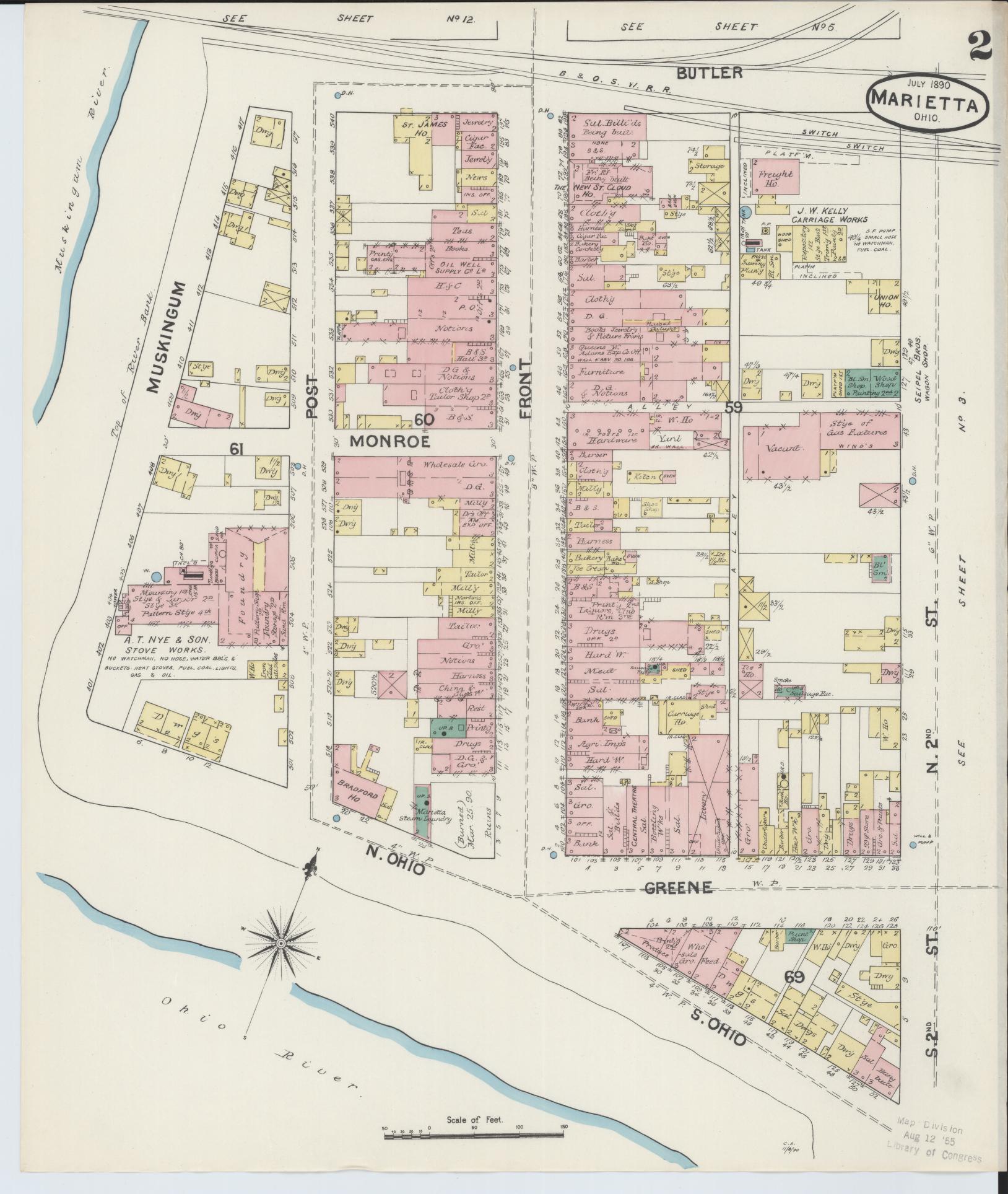 Sanborn Fire Insurance Map from Marietta, Washington County, Ohio (1890), Sheet #0002 - Historic Sanborn Fire Insurance Map Print, vintage old map wall art, antique decor, genealogy gift, Ohio Ohio map