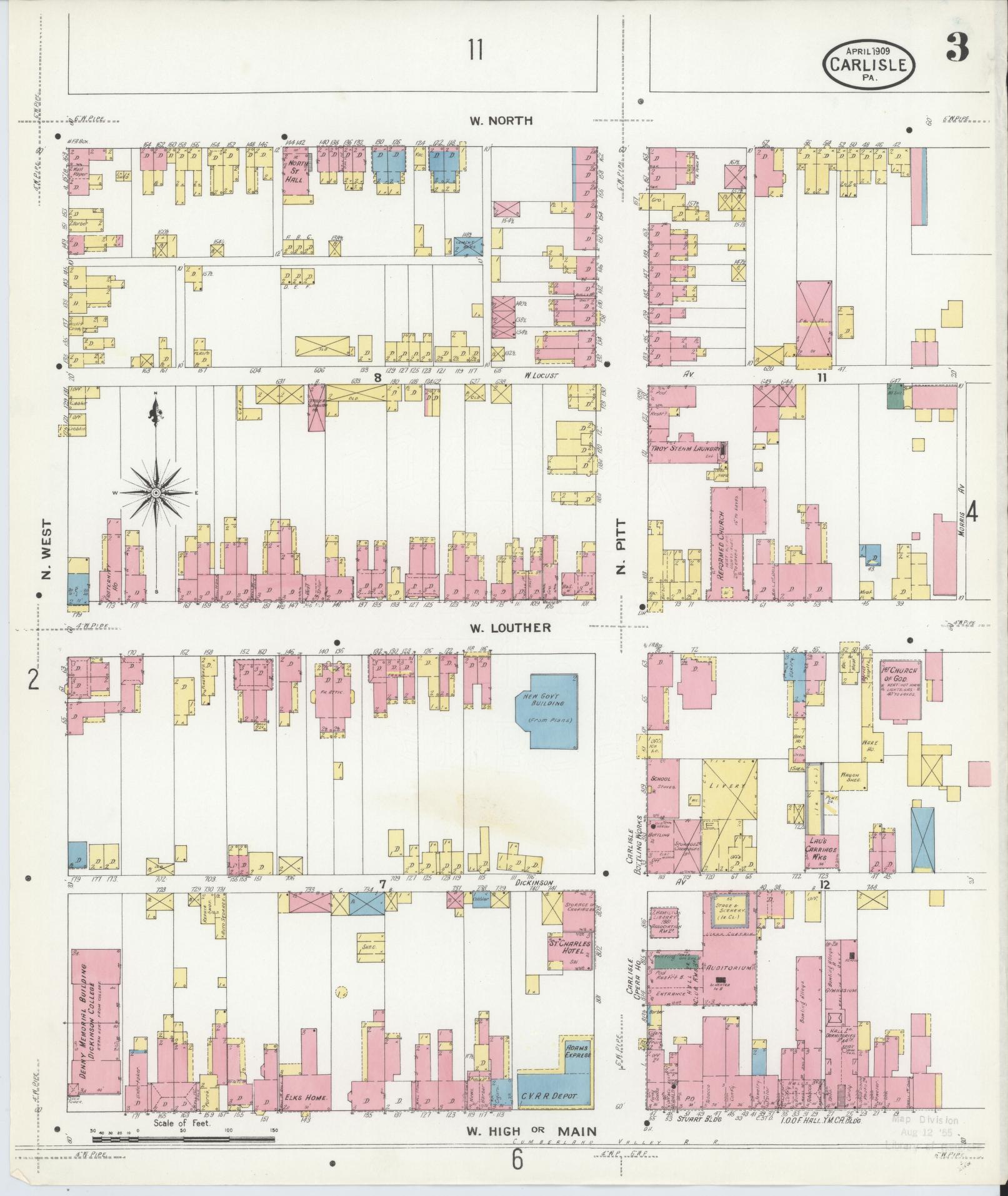 Sanborn Fire Insurance Map from Carlisle, Cumberland County, Pennsylvania (1909), Sheet #0003 - Historic Sanborn Fire Insurance Map Print, vintage old map wall art, antique decor, genealogy gift, Pennsylvania Pennsylvania map