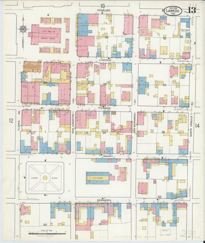 Sanborn Fire Insurance Map from Laredo, Webb County, Texas (1916), Sheet #0013 - Historic Sanborn Fire Insurance Map Print, vintage old map wall art, antique decor, genealogy gift, Texas Texas map