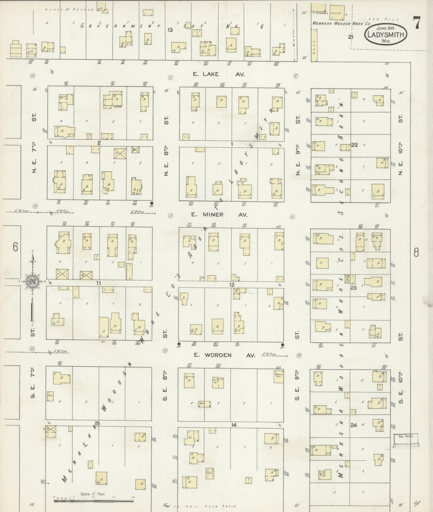Sanborn Fire Insurance Map from Ladysmith, Rusk County, Wisconsin (1914), Sheet #0007 - Historic Sanborn Fire Insurance Map Print, vintage old map wall art, antique decor, genealogy gift, Wisconsin Wisconsin map