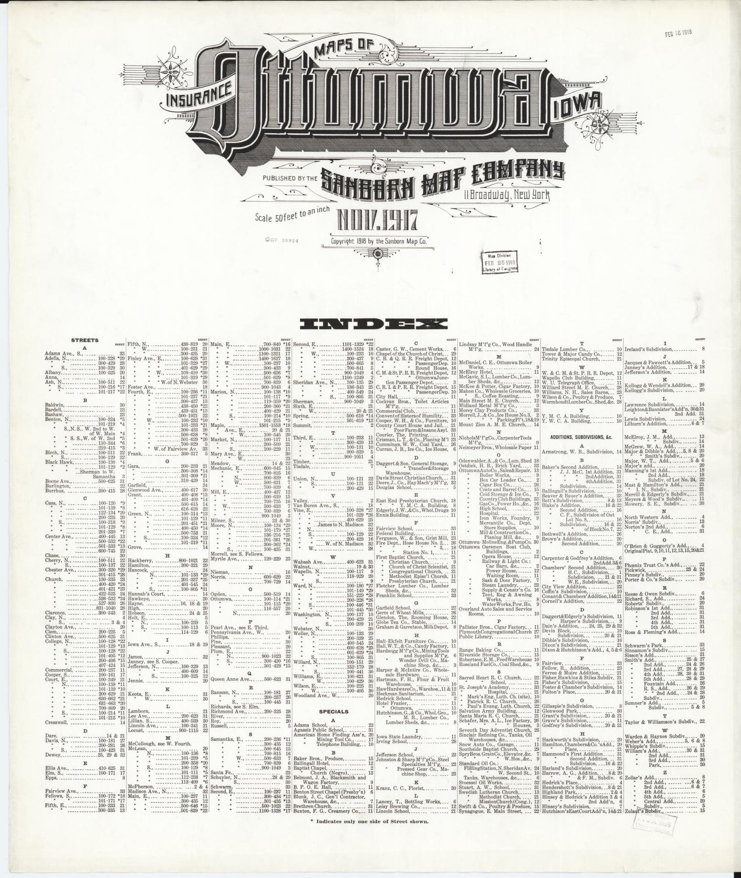 Sanborn Fire Insurance Map from Ottumwa, Wapello County, Iowa (1917), Sheet #0001 - Historic Sanborn Fire Insurance Map Print, vintage old map wall art