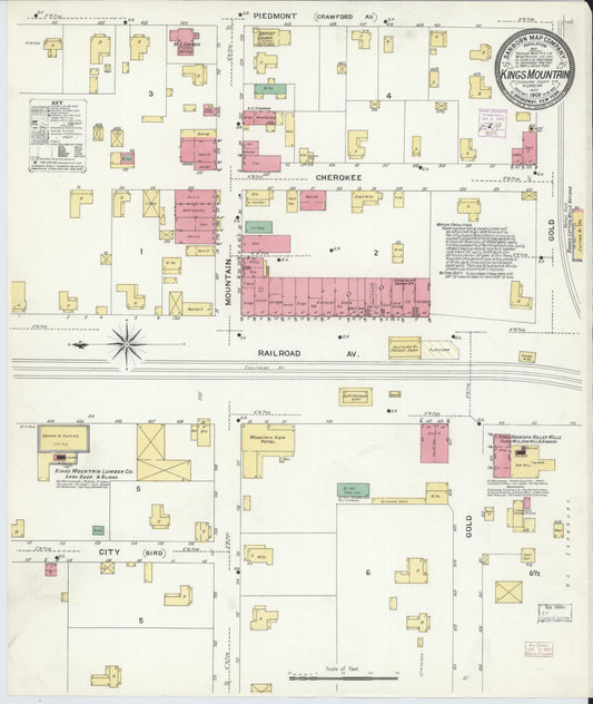 Sanborn Fire Insurance Map from Kings Mountain, Cleveland County, North Carolina (1908), Sheet #0001 - Historic Sanborn Fire Insurance Map Print, vintage old map wall art, antique decor, genealogy gift, North Carolina North Carolina map