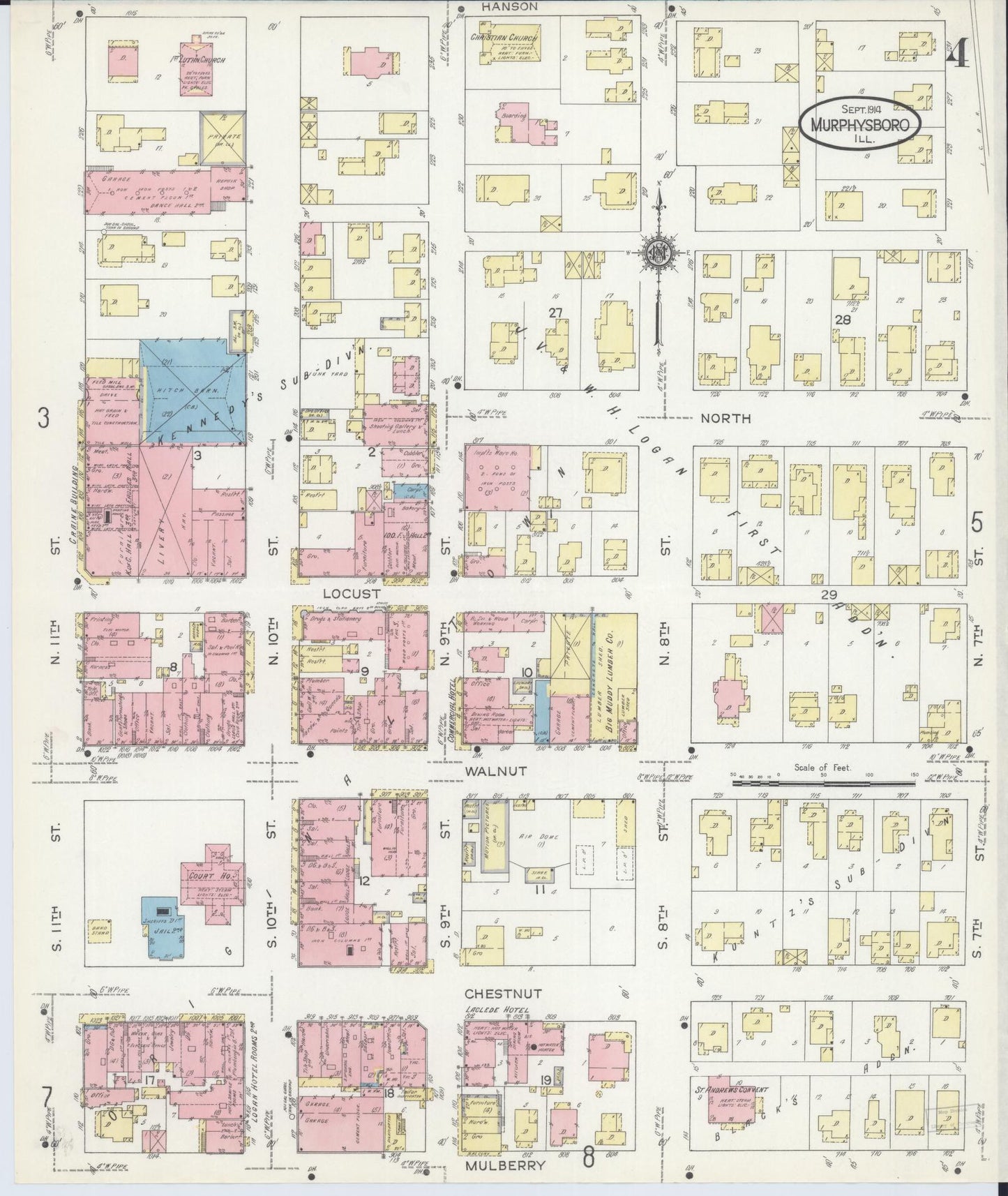 Sanborn Fire Insurance Map from Murphysboro, Jackson County, Illinois (1914), Sheet #0004 - Historic Sanborn Fire Insurance Map Print, vintage old map wall art, antique decor, genealogy gift, Illinois Illinois map
