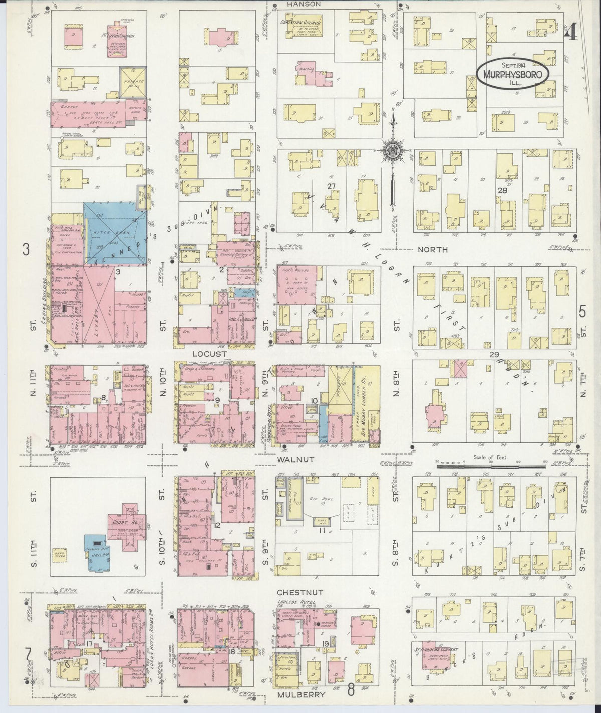 Sanborn Fire Insurance Map from Murphysboro, Jackson County, Illinois (1914), Sheet #0004 - Historic Sanborn Fire Insurance Map Print, vintage old map wall art, antique decor, genealogy gift, Illinois Illinois map