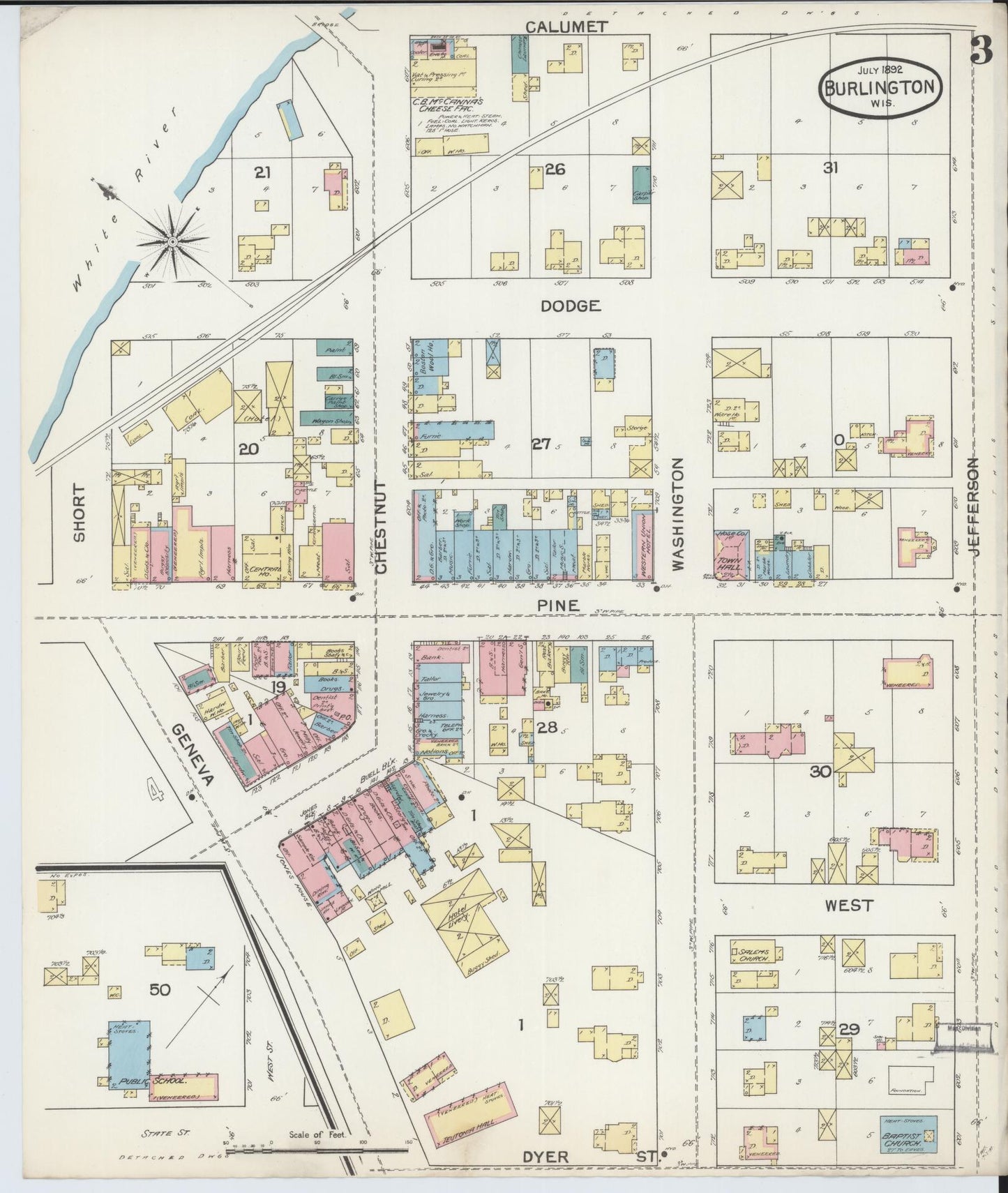 Sanborn Fire Insurance Map from Burlington, Racine County, Wisconsin (1892), Sheet #0003 - Historic Sanborn Fire Insurance Map Print, vintage old map wall art, antique decor, genealogy gift, Wisconsin Wisconsin map