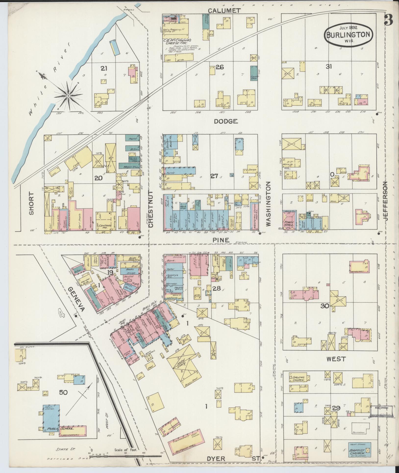 Sanborn Fire Insurance Map from Burlington, Racine County, Wisconsin (1892), Sheet #0003 - Historic Sanborn Fire Insurance Map Print, vintage old map wall art, antique decor, genealogy gift, Wisconsin Wisconsin map