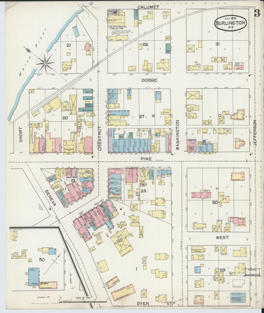 Sanborn Fire Insurance Map from Burlington, Racine County, Wisconsin (1892), Sheet #0003 - Historic Sanborn Fire Insurance Map Print, vintage old map wall art, antique decor, genealogy gift, Wisconsin Wisconsin map