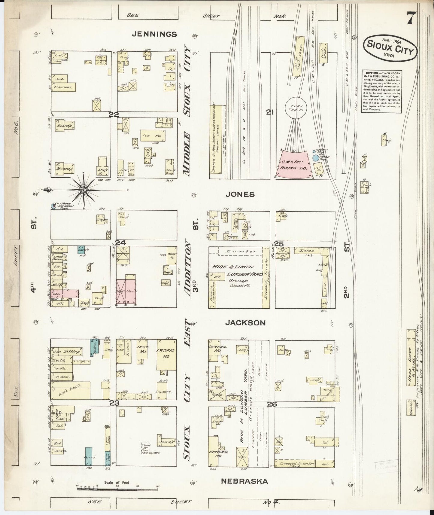 Sanborn Fire Insurance Map from Sioux City, Woodbury County, Iowa (1884), Sheet #0007 - Historic Sanborn Fire Insurance Map Print, vintage old map wall art