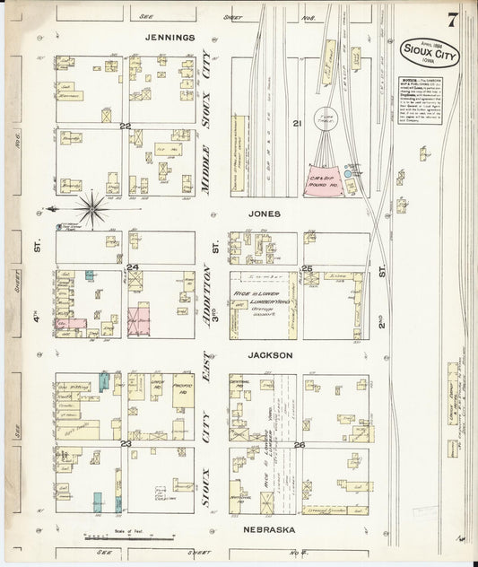 Sanborn Fire Insurance Map from Sioux City, Woodbury County, Iowa (1884), Sheet #0007 - Historic Sanborn Fire Insurance Map Print, vintage old map wall art