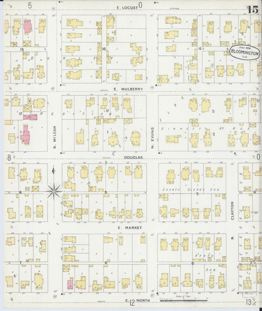 Sanborn Fire Insurance Map from Bloomington, McLean County, Illinois (1896), Sheet #0015 - Historic Sanborn Fire Insurance Map Print, vintage old map wall art, antique decor, genealogy gift, Illinois Illinois map