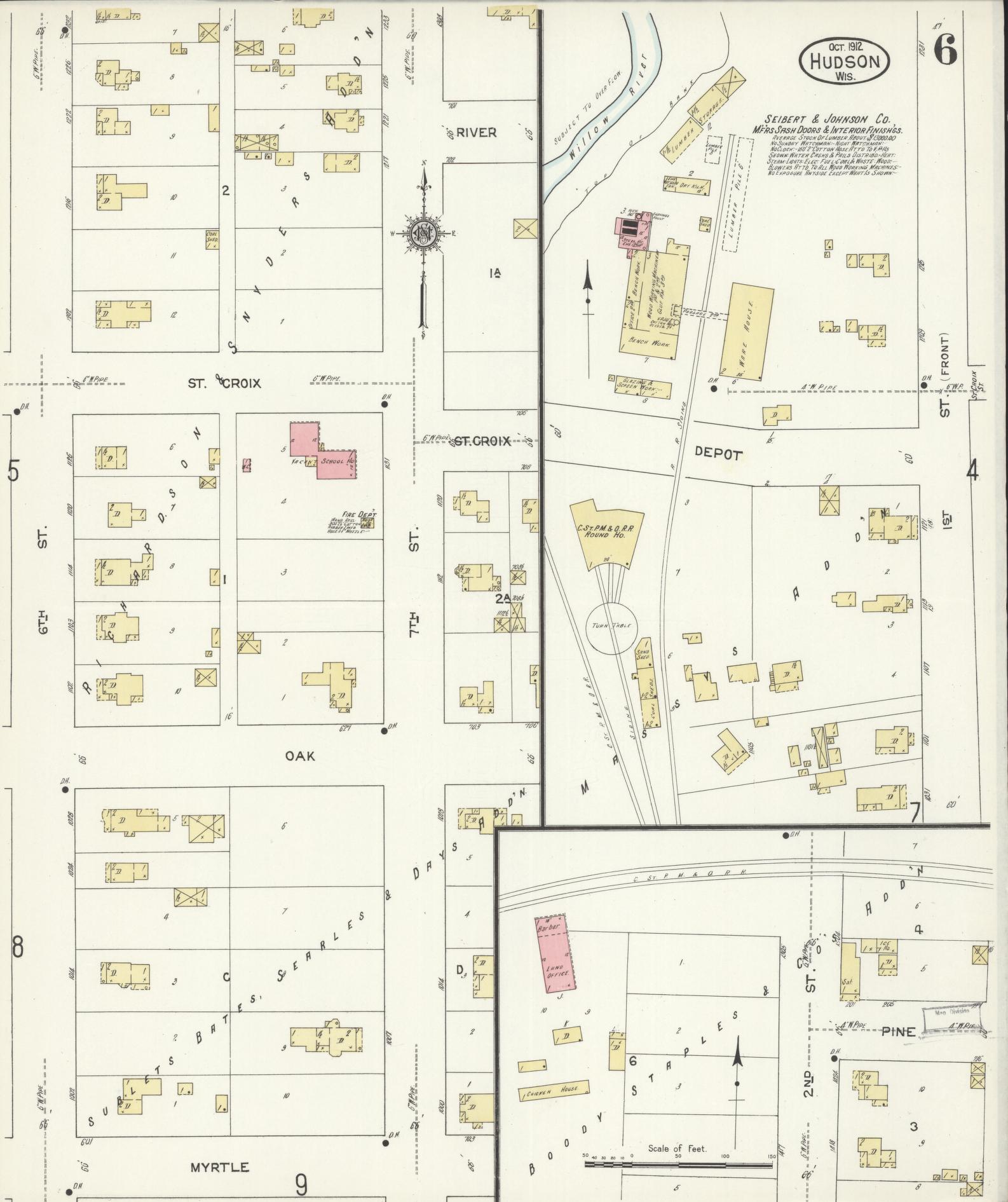 Sanborn Fire Insurance Map from Hudson, St. Croix County, Wisconsin (1912), Sheet #0006 - Historic Sanborn Fire Insurance Map Print, vintage old map wall art, antique decor, genealogy gift, Wisconsin Wisconsin map