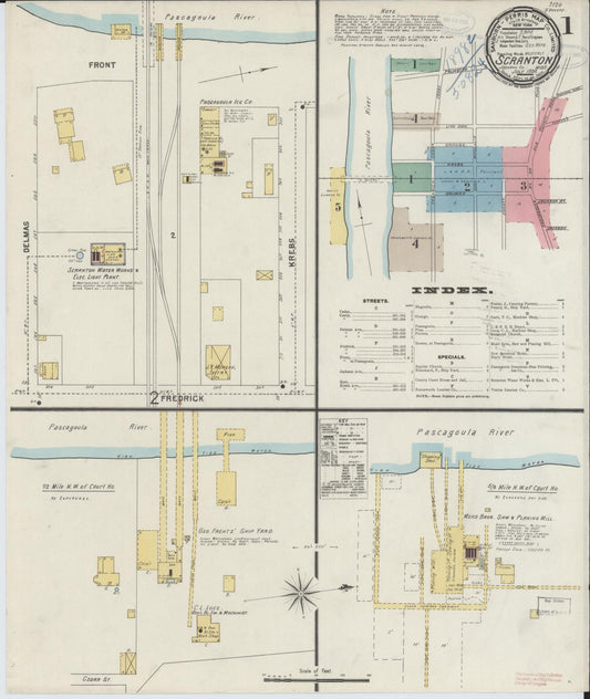 Sanborn Fire Insurance Map from Scranton, Jackson County, Mississippi (1898), Sheet #0001 - Complete Map Set gallery image, historic Sanborn map, vintage wall art, Mississippi Mississippi