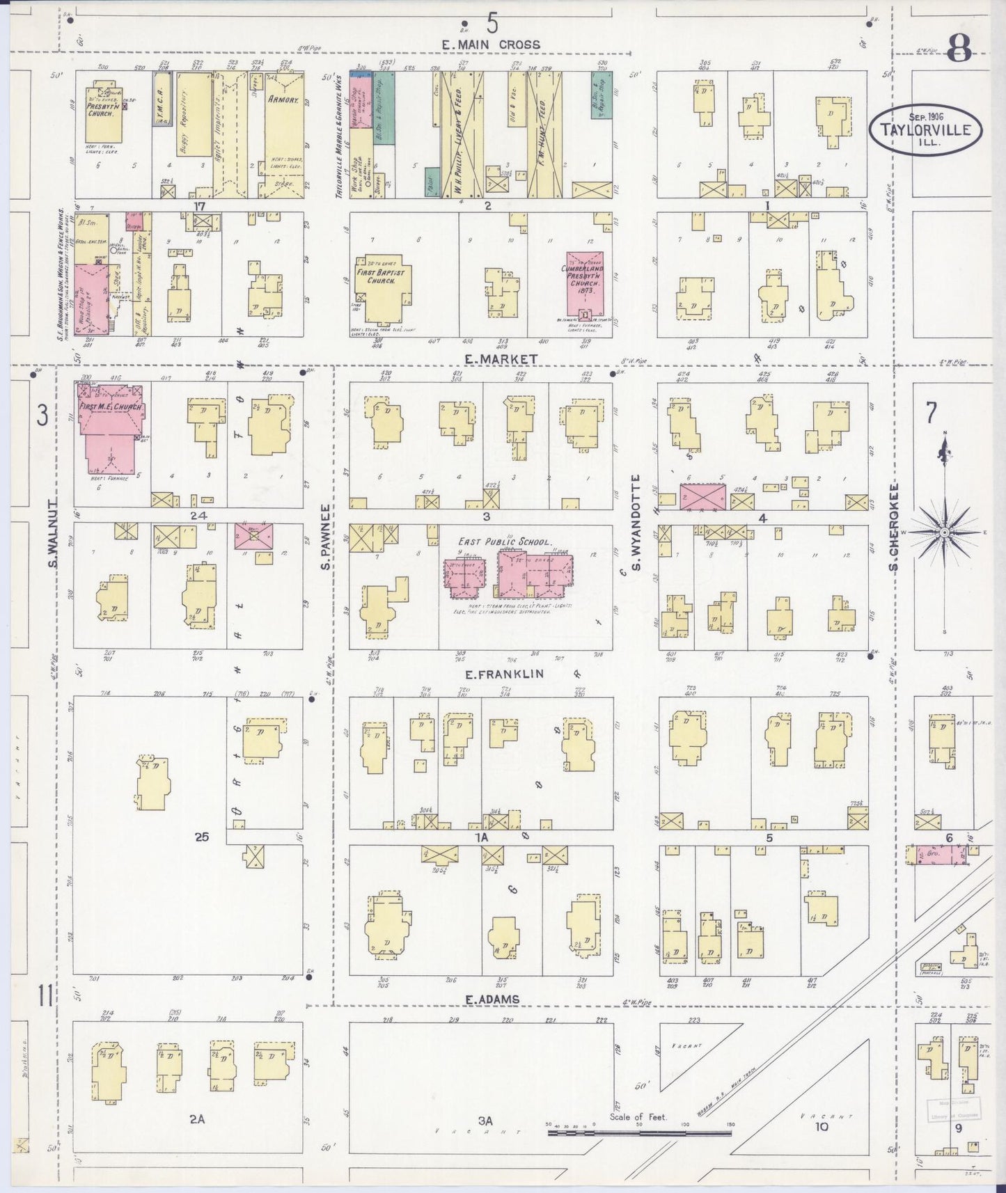 Sanborn Fire Insurance Map from Taylorville, Christian County, Illinois (1906), Sheet #0008 - Complete Map Set gallery image, historic Sanborn map, vintage wall art, Illinois Illinois