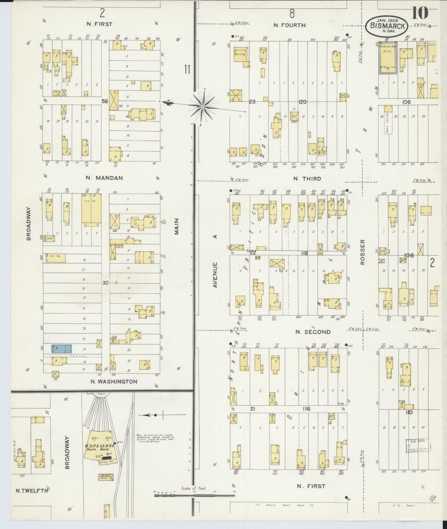 Sanborn Fire Insurance Map from Bismarck, Burleigh County, North Dakota (1906), Sheet #0010 - Historic Sanborn Fire Insurance Map Print, vintage old map wall art, antique decor, genealogy gift, North Dakota North Dakota map