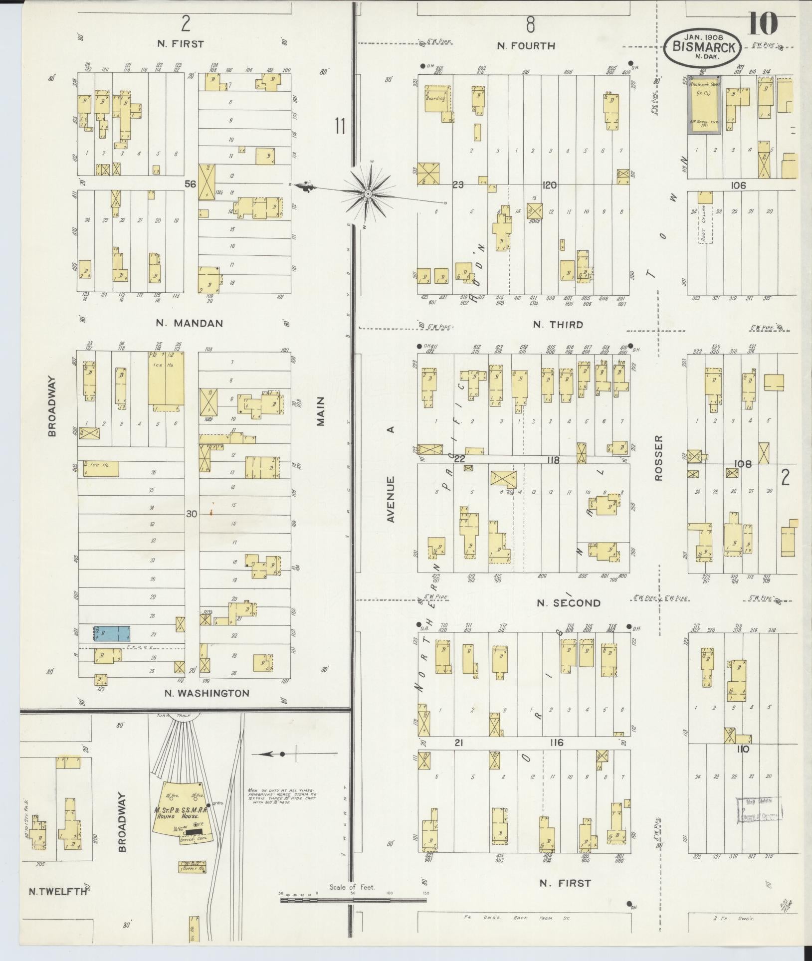 Sanborn Fire Insurance Map from Bismarck, Burleigh County, North Dakota (1906), Sheet #0010 - Historic Sanborn Fire Insurance Map Print, vintage old map wall art, antique decor, genealogy gift, North Dakota North Dakota map