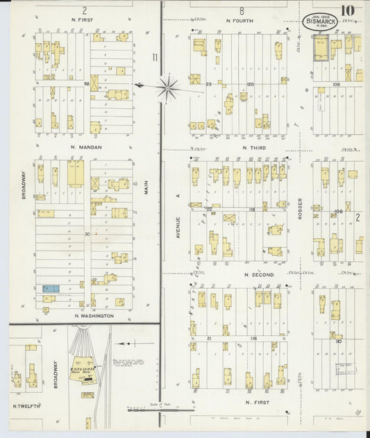 Sanborn Fire Insurance Map from Bismarck, Burleigh County, North Dakota (1906), Sheet #0010 - Historic Sanborn Fire Insurance Map Print, vintage old map wall art, antique decor, genealogy gift, North Dakota North Dakota map
