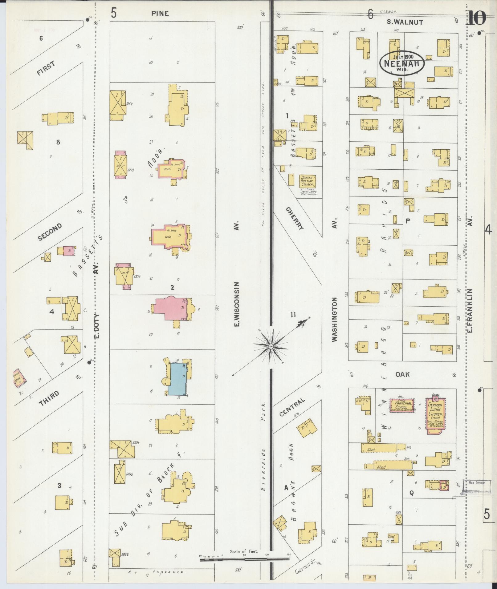 Sanborn Fire Insurance Map from Neenah, Winnebago County, Wisconsin (1900), Sheet #0010 - Historic Sanborn Fire Insurance Map Print, vintage old map wall art, antique decor, genealogy gift, Wisconsin Wisconsin map