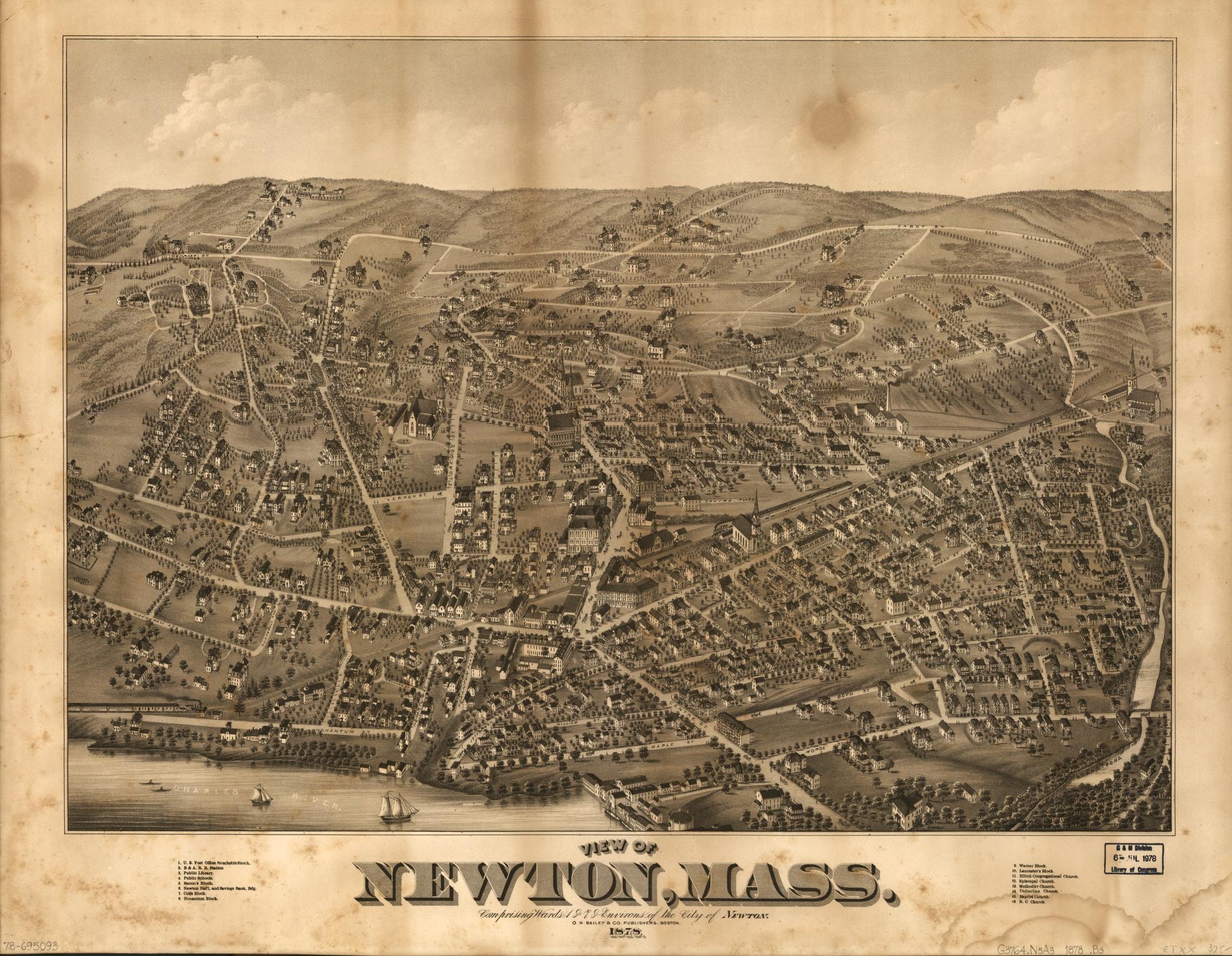 View of Newton, Mass. : comprising wards 1 & 7 & environs of the city of Newton (1878) – Historic Bird’s-Eye View Panorama Print