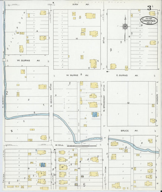 Sanborn Fire Insurance Map from Shawnee, Pottawatomie County, Oklahoma (1919), Sheet #0003 - Historic Sanborn Fire Insurance Map Print, vintage old map wall art, antique decor, genealogy gift, Oklahoma Oklahoma map