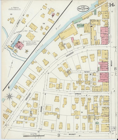 Sanborn Fire Insurance Map from Waltham, Middlesex County, Massachusetts (1897), Sheet #0014 - Historic Sanborn Fire Insurance Map Print, vintage old map wall art, antique decor, genealogy gift, Massachusetts Massachusetts map
