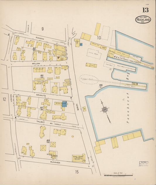 Sanborn Fire Insurance Map from Rockland, Knox County, Maine (1922), Sheet #0013 - Historic Sanborn Fire Insurance Map Print, vintage old map wall art, antique decor, genealogy gift, Maine Maine map